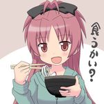  bow bowl chopsticks eating fang food hair_bow hood hoodie jewelry long_hair mahou_shoujo_madoka_magica mai_(t-5) open_mouth red_eyes red_hair ring sakura_kyouko solo translated 