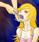  bakemonogatari blonde_hair brushing_teeth chin_hold drawfag dripping fangs long_hair monogatari_(series) nisemonogatari off_shoulder open_mouth orange_eyes oshino_shinobu pointy_ears ringed_eyes sexually_suggestive solo_focus spaghetti_strap toothbrush toothpaste wince 