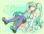  boots bow detached_sleeves dress green_eyes green_hair hair_bow hatsune_miku jako_(rikuru-to) long_hair mikupa necktie sitting skirt solo thigh_boots thighhighs twintails vocaloid 