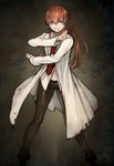  black_background black_legwear blood bloody_clothes blue_eyes boots brown_hair crotch_seam fighting_stance labcoat long_hair looking_at_viewer makise_kurisu necktie no_pants open_mouth panties panties_under_pantyhose pantyhose pose red_neckwear shiohara_shin'ichi simple_background solo steins;gate underwear white_panties 