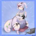 2020 ambiguous_gender antennae_(anatomy) blue_background blue_eyes blush clothing computer digital_media_(artwork) electronics generation_6_pokemon goodra hair hi_res holding_object human laptop looking_down mammal nintendo open_mouth pillow pokemon pokemon_(species) ravieel shirt simple_background sitting solo species_transformation surprised tablet_pen tail topwear torn_clothing transformation