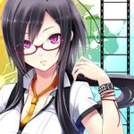  black_hair bracelet breasts glasses highres image_sample jewelry large_breasts long_hair necktie original pixiv_sample purple_eyes red-framed_eyewear solo tel-o 