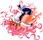  90s artist_request bangs bare_legs barefoot breasts closed_eyes epaulettes eyebrows_visible_through_hair eyelashes fetal_position full_body highres leg_hug long_hair long_sleeves medium_breasts official_art parted_lips pauldrons pink_hair plantar_flexion profile scan shoujo_kakumei_utena shoujo_kakumei_utena_adolescence_mokushiroku simple_background solo tenjou_utena upside-down wavy_hair white_background 