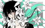  black_hair flat_color flower kayu lily_(flower) messy_hair mouth_hold original red_eyes solo 