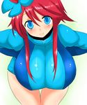  blue_eyes blush breasts fuuro_(pokemon) gym_leader hair_ornament han_(jackpot) large_breasts leaning_forward pokemon pokemon_(game) pokemon_bw red_hair shorts solo 