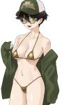  1girl baseball_cap bikini breasts collarbone commentary cowboy_shot english_commentary glasses gold_bikini green_eyes green_hat hands_in_pockets hat highres hood indie_virtual_youtuber jacket kara_wilderwood looking_at_viewer navel off_shoulder open_clothes open_jacket open_mouth piercing reze_(rewindze) round_eyewear short_hair simple_background smile solo stomach string_bikini swimsuit tongue_piercing two-tone_hat virtual_youtuber white_background white_hat 