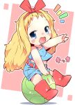 1girl arm_up belt blonde_hair blue_eyes blue_shirt blush_stickers boots bow child denim denim_shorts forehead gundam hair_bow haro highres kikka_kitamoto long_hair midriff mobile_suit_gundam navel nomeoil open_mouth red_boots red_ribbon ribbon robot shirt shorts sitting sleeveless sleeveless_shirt smile 