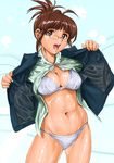  :d abs akizuki_ritsuko antenna_hair belly bikini bikini_under_clothes breasts brown_eyes brown_hair cleavage contrapposto curvy folded_ponytail glasses highres idolmaster idolmaster_(classic) idolmaster_2 large_breasts navel open_clothes open_mouth open_shirt panties ribbon shiny shiny_skin shirt short_hair shu-z smile solo standing string_bikini swimsuit swimsuit_under_clothes underwear white_panties 