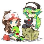  1girl aruya_(flosrota) bad_id bad_pixiv_id brown_hair chibi gen_5_pokemon green_hair hat n_(pokemon) pokemon pokemon_(creature) pokemon_(game) pokemon_bw sitting snivy touko_(pokemon) zorua 