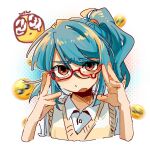  1boy bespectacled blue_hair brown_eyes collared_shirt emoji glasses hair_between_eyes highres inazuma_eleven inazuma_eleven_(series) kazemaru_ichirouta long_hair looking_at_viewer male_focus niniliuliu open_mouth pleading_face_emoji ponytail red-framed_eyewear shirt short_sleeves simple_background solo sweater_vest upper_body white_background white_shirt 