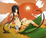  arancia bad_id bad_pixiv_id black_hair boots bracelet butt_crack food francisco_valle fruit jewelry long_hair looking_back midriff miniskirt orange orange_eyes orange_skirt original skirt solo sunset twintails 