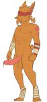 3_toes abs accessory anthro balls bandage bodily_fluids digital_media_(artwork) digitigrade dripping feet foreskin fur genital_fluids genitals hair headband hi_res inabaart lagomorph leporid male mammal muscular orange_body orange_fur penis ponytail precum precum_drip rabbit simple_background solo toes wei_(inabaart)