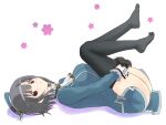 1girl ascot ass beret black_gloves black_hair black_thighhighs blue_hat blush breasts cherry_blossoms garter_straps gloves hat kantai_collection kujira_naoto large_breasts legs_together looking_at_viewer lying military military_uniform petals red_eyes short_hair skirt smile solo takao_(kancolle) thighhighs 