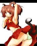  alternate_hairstyle animal_ears armpits bad_perspective brown_eyes brown_hair cat_ears cat_tail chen haruyonoto multiple_tails panties ponytail solo striped striped_panties tail touhou underwear upskirt 