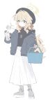  1boy 1girl basket beret black_hat black_sweater blonde_hair blue_archive casual closed_eyes closed_mouth cow crossed_bangs doodle_sensei_(blue_archive) dot_mouth green_eyes grey_jacket hair_between_eyes hair_intakes halo hat highres holding holding_basket holding_milk_carton id_card jacket lanyard light_blush long_hair long_skirt looking_at_object milk_carton open_clothes open_jacket professor_niyaniya_(blue_archive) retri sensei_(blue_archive) shopping_basket side_ahoge sidelocks skirt smug speech_bubble surprised sweater thought_bubble u_u uwu white_skirt yellow_halo 