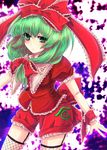  alternate_costume bad_id bad_pixiv_id blush bow breasts dress fishnets frills front_ponytail garter_straps garters green_eyes green_hair hair_bow hair_ribbon highres kagiyama_hina medium_breasts ribbon shorts solo thighhighs touhou yakibata 