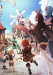  2boys 3girls amber_(genshin_impact) arm_up backpack bag bag_charm bard beret bird black_gloves blonde_hair blue_cape blue_hair blue_sky boots braid brown_boots brown_gloves brown_hair brown_shorts building cabbie_hat cape charm_(object) closed_eyes cloud coat collared_cape commentary_request con_potata crossed_arms diluc_(genshin_impact) dodoco_(genshin_impact) dutch_angle eula_(genshin_impact) feathers flower fountain frills from_behind genshin_impact gloves gradient_hair green_cape green_hat green_shorts hair_between_eyes hair_ribbon hat hat_feather hat_flower hat_ornament high-waist_shorts highres jacket jumping klee_(genshin_impact) long_hair low_ponytail low_twintails medium_hair multicolored_hair multiple_boys multiple_girls open_mouth outdoors pink_hair pointy_ears ponytail red_coat red_hair red_hat red_jacket red_ribbon red_thighhighs ribbon short_hair_with_long_locks shorts sky standing stone_floor thigh_boots thighhighs thighs twin_braids twintails venti_(genshin_impact) white_boots white_feathers white_gloves windmill 