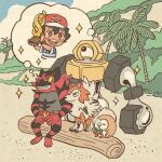  1boy ash_ketchum black_hair blue_shirt blue_sky bright_pupils brown_eyes closed_mouth cloud colored_sclera commentary_request day green_eyes hat holding holding_trophy imagining incineroar log lycanroc lycanroc_(dusk) melmetal metal_skin mojacookie multicolored_hair nose_bubble official_art one-eyed open_mouth outdoors palm_tree pokemon pokemon_(anime) pokemon_(creature) pokemon_journeys pokemon_sm_(anime) red_hat rowlet sand second-party_source sharp_teeth shirt short_hair short_sleeves sitting sky sleeping smile speech_bubble striped_clothes striped_shirt teeth thought_bubble tree trophy two-tone_hair upper_teeth_only white_pupils white_shirt yellow_sclera z-ring 