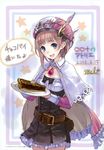  2010 absurdres atelier_(series) atelier_rorona blue_eyes brown_dress brown_hair copyright_name dated dress feathers food highres kishida_mel open_mouth pie plate rororina_fryxell star 