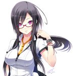  black_hair bracelet breasts glasses highres image_sample jewelry large_breasts long_hair necktie original pixiv_sample purple_eyes red-framed_eyewear signature simple_background solo tel-o upper_body 