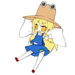  braid chibi cosplay fang full_body hair_ribbon hat kirisame_marisa long_hair meito_(maze) moriya_suwako moriya_suwako_(cosplay) new_super_marisa_land ribbon skirt sleeves_past_wrists solo thighhighs touhou white_legwear yellow_eyes zettai_ryouiki 