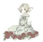  blonde_hair blush crown dress elbow_gloves flower forehead gloves gown green_eyes kneeling miya_kazutomo princess red_flower red_rose rose solo to_aru_majutsu_no_index villian 