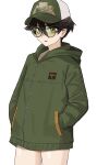  1girl baseball_cap commentary cowboy_shot english_commentary glasses green_eyes green_hat hands_in_pockets hat highres hood hooded_jacket indie_virtual_youtuber jacket kara_wilderwood looking_at_viewer open_mouth reze_(rewindze) round_eyewear short_hair simple_background solo two-tone_hat virtual_youtuber white_background white_hat 