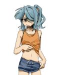  1boy blue_hair blue_shorts brown_eyes commentary english_commentary hair_over_one_eye highres inazuma_eleven inazuma_eleven_(series) kazemaru_ichirouta long_hair male_focus midriff niniliuliu open_mouth orange_tank_top ponytail short_shorts shorts simple_background solo sweat tank_top white_background 