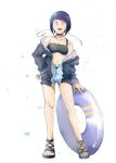  1girl absurdres audio_jack bare_legs bare_shoulders black_eyes blunt_bangs boku_no_hero_academia bra breasts choker earplugs flip-flops full_body hand_on_own_hip highres holding_floatie jacket jiro_kyoka long_earlobes looking_at_viewer open_clothes open_jacket open_mouth osunu purple_hair sandals short_hair shorts simple_background solo underwear white_background 