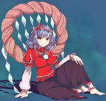  anklet arm_support bad_id bad_pixiv_id barefoot blue_hair breasts chirosuke feet hair_ornament jewelry large_breasts leaf mirror on_floor red_eyes rope shide shimenawa sitting smile solo touhou yasaka_kanako 