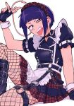  1girl alternate_costume apron arm_up audio_jack ayuda_ayutaro belt black_belt black_boots black_choker black_gloves black_shirt bob_cut boku_no_hero_academia boots chain choker commentary_request earclip enmaided feet_out_of_frame fingerless_gloves fishnet_pantyhose fishnets frilled_shirt frills gloves hairband half-closed_eye hand_rest jiro_kyoka knee_up long_earlobes looking_at_viewer looking_to_the_side maid maid_headdress medium_hair nail_polish o-ring o-ring_thigh_strap open_mouth pantyhose plaid_clothes plaid_hairband plaid_skirt pleated_skirt purple_hair red_nails shirt sidelocks simple_background sitting skirt solo spiked_choker spikes teeth thigh_strap three_quarter_view tongue tongue_out uneven_eyes upper_teeth_only waist_apron watermark white_background wrist_cuffs 