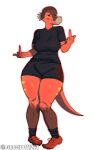 2025 5_fingers absurd_res anthro artist_name big_breasts breasts brown_body brown_scales cavemanon_studios clothing digital_drawing_(artwork) digital_media_(artwork) dinosaur espectro111222 eyelashes fan_character female fingers footwear gesture glistening glistening_body glistening_scales hand_gesture hi_res long_tail looking_at_viewer middle_finger multicolored_body multicolored_scales nasha_(giraffemonger) orange_body orange_scales ornithischian pachycephalosaurid pachycephalosaurus prehistoric_species red_eyes reptile scales scalie shoes simple_background smile sneakers snoot_game snout solo striped_body striped_scales stripes tail text thick_thighs watermark white_background yellow_stripes