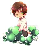  axis_powers_hetalia bad_id bad_pixiv_id brown_hair chibi food fruit grapes green_eyes holding holding_food holding_fruit male_focus one_eye_closed saemi solo spain_(hetalia) 