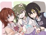  3girls :p aketa_mikoto alternate_costume artisansg_lily bead_bracelet beads black_hair black_nails black_sweater_vest blonde_hair blue_eyes blue_nails blue_neckerchief blue_shirt blush bow bracelet breasts brown_eyes brown_hair chain chain_necklace closed_mouth commentary earrings english_commentary finger_to_face fingernails floating_earring gold_chain green_hair grey_sailor_collar gyaru gyaru_v hair_tie highres idolmaster idolmaster_shiny_colors ikaruga_luca jewelry jitome long_fingernails long_hair looking_at_viewer medium_hair multicolored_eyes multicolored_hair multiple_girls nanakusa_nichika neckerchief necklace orange_sweater red_bow red_nails sailor_collar shirt short_sleeves simple_background smile striped_bow striped_neckerchief stud_earrings sweater sweater_vest tongue tongue_out two-tone_hair v white_shirt yellow_eyes 