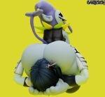 3d_(artwork) big_butt butt camseven clothing darkner deltarune digital_media_(artwork) duo facesitting fool&#039;s_hat grey_body hat headgear headwear hi_res human humanoid imp jester jevil_(deltarune) kris_(deltarune) male male/male mammal short_stack sitting_on_another undertale_(series)