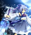  bare_shoulders blue_eyes blue_hair bow breasts cirno cosplay crystal_sword detached_sleeves full_moon hair_bow hakurei_reimu hakurei_reimu_(cosplay) highres ice midriff moon rikkunia skirt small_breasts smile solo sword touhou weapon wings 