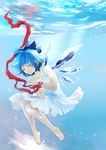  barefoot blue_hair bow cirno closed_eyes dress hair_bow hands_together nataku39 own_hands_together ribbon short_hair solo tears touhou underwater wings wrist_ribbon 