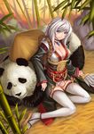  bamboo bamboo_forest blue_eyes breasts cleavage forest hat kaizeru large_breasts legs magatama nature no_bra original panda sitting smile solo thighhighs white_hair white_legwear 