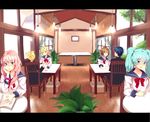  4girls ahoge aqua_eyes aqua_hair bad_id bad_pixiv_id blonde_hair blue_hair bow brown_hair chair hair_bow hatsune_miku indoors kagamine_len kagamine_rin kaito long_hair megurine_luka meiko minami_haruya multiple_boys multiple_girls pink_hair school_uniform serafuku sitting smile twintails vocaloid 