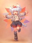  :d adapted_costume boots casual closed_eyes coat contemporary geta happy hat inubashiri_momiji leaf maple_leaf open_mouth outstretched_arms running sankuma short_hair shorts silver_hair smile solo spread_arms tail tengu-geta tokin_hat touhou wolf_tail younger 