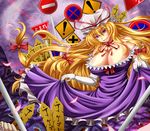  archienemy blonde_hair breasts cleavage elbow_gloves gap gloves hat large_breasts long_hair purple_eyes solo touhou white_gloves yakumo_yukari 