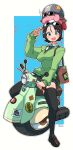  1girl absurdres adeleine black_hair black_thighhighs blush_stickers breasts colored_skin goggles goggles_on_headwear green_eyes green_sweater helmet highres kirby kirby_(series) kirby_air_ride omura_zojiki outline petals pink_skin sparkle super_smash_bros. super_smash_bros._logo sweater thighhighs waddle_dee wheelie_(kirby) white_outline 