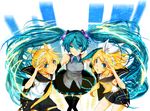  2girls amano_yue aqua_eyes aqua_hair blonde_hair detached_sleeves hair_ornament hair_ribbon hairclip hatsune_miku headphones headset highres kagamine_len kagamine_rin long_hair multiple_girls ribbon short_hair skirt smile thighhighs twintails vocaloid 