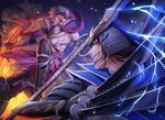  anchor armor battle brown_eyes brown_hair chain chousokabe_motochika_(sengoku_basara) date_masamune_(sengoku_basara) duel electricity eyepatch fire katana kuren lightning male_focus multiple_boys night polearm samurai sengoku_basara silver_hair smile sword triple_wielding weapon 