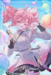  1girl ahoge balloon black_skirt black_sleeve_cuffs blue_sky blush border bow buttons cloud cowboy_shot day double-breasted drill_hair flat_chest floating_hair grey_jacket grey_skirt hair_between_eyes hair_bow hands_up hashtag-only_commentary highres jacket kasane_teto kasane_teto_(sv) layered_skirt layered_sleeves leaning_to_the_side long_sleeves looking_at_viewer microphone midriff_peek musical_staff musical_staff_print nyapu_22 one_eye_closed open_mouth ornate_border red_eyes red_hair red_skirt red_trim shoulder_belt shoulder_boards skirt skirt_set sky solo stream streamers striped_clothes striped_jacket striped_skirt synthesizer_v twin_drills utau white_bow 
