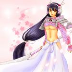  armor bad_id bad_pixiv_id black_hair breasts cherry_blossoms flower hairband hakama japanese_clothes large_breasts long_hair naginata navel petals polearm saisei samurai samurai_deeper_kyo solo tomoe_gozen underboob weapon 