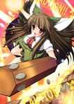  arm_cannon azure_(capriccio) bad_id bad_pixiv_id bow brown_hair green_bow hair_bow long_hair radiation_symbol red_eyes reiuji_utsuho solo touhou weapon wings 