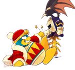  armor bat_wings fist_bump galaxia_(sword) gloves highres idbze king_dedede kirby_(series) kirby_fighters_2 looking_at_another lying mask meta_knight pauldrons planted planted_sword pom_pom_(clothes) shoulder_armor simple_background smile star_(symbol) sword teeth watermark weapon white_background white_gloves wings yellow_gloves 