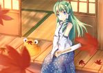  bad_id bad_pixiv_id blue_eyes detached_sleeves eyes frog green_hair hair_ornament hat kochiya_sanae leaf long_hair maple_leaf pyonta smile snake solo touhou wakame_mi 