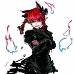  animal_ears bad_id bad_pixiv_id bow braid cat_ears colored_eyelashes crossed_arms evil_grin evil_smile extra_ears eyelashes fangs grin hair_bow hima_(mizu_ni_tsuyoi) kaenbyou_rin pointy_ears red_eyes red_hair short_hair smile solo teeth touhou twin_braids 